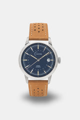 Ponctuel Auriga bleue, montre automatique 40mm, design intemporel avec mouvement Miyota et verre saphir.