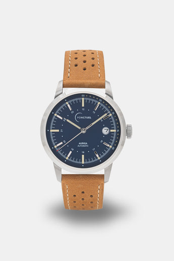 Ponctuel Auriga bleue, montre automatique 40mm, design intemporel avec mouvement Miyota et verre saphir.