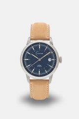 Ponctuel Auriga bleue, montre automatique 40mm, design intemporel avec mouvement Miyota et verre saphir.