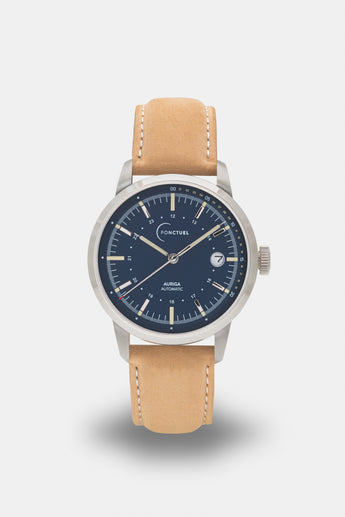 Ponctuel Auriga bleue, montre automatique 40mm, design intemporel avec mouvement Miyota et verre saphir.