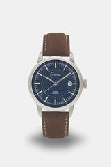 Ponctuel Auriga bleue, montre automatique 40mm, design intemporel avec mouvement Miyota et verre saphir.