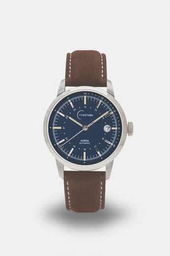 Ponctuel Auriga bleue, montre automatique 40mm, design intemporel avec mouvement Miyota et verre saphir.