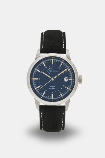 Ponctuel Auriga bleue, montre automatique 40mm, design intemporel avec mouvement Miyota et verre saphir.