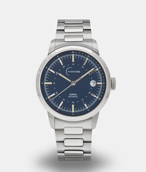 Ponctuel Auriga bleue, montre automatique 40mm, design intemporel avec mouvement Miyota et verre saphir.