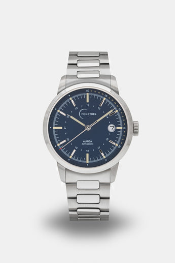 Ponctuel Auriga bleue, montre automatique 40mm, design intemporel avec mouvement Miyota et verre saphir.