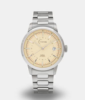 Ponctuel Auriga crème, montre automatique 40mm, design intemporel avec mouvement Miyota et verre saphir.