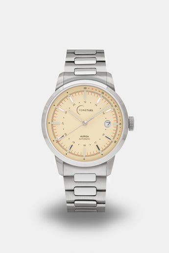 Ponctuel Auriga crème, montre automatique 40mm, design intemporel avec mouvement Miyota et verre saphir.