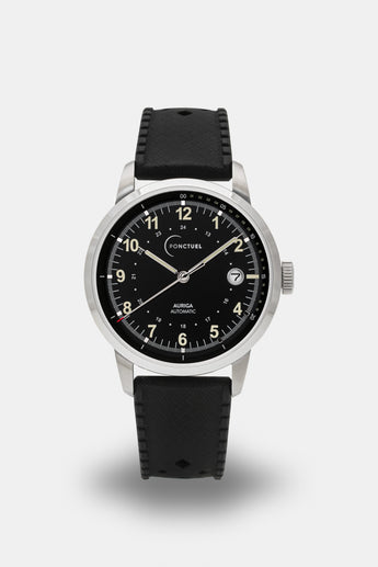 Ponctuel Auriga noire, montre automatique 40mm, design intemporel avec mouvement Miyota et verre saphir.