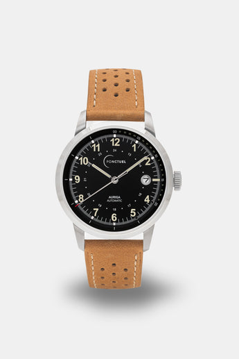 Ponctuel Auriga noire, montre automatique 40mm, design intemporel avec mouvement Miyota et verre saphir.