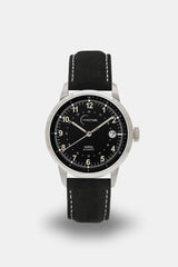 Ponctuel Auriga noire, montre automatique 40mm, design intemporel avec mouvement Miyota et verre saphir.
