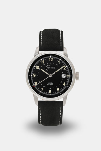 Ponctuel Auriga noire, montre automatique 40mm, design intemporel avec mouvement Miyota et verre saphir.