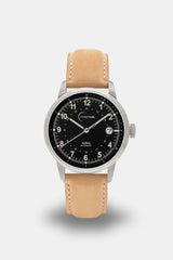 Ponctuel Auriga noire, montre automatique 40mm, design intemporel avec mouvement Miyota et verre saphir.