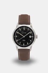 Ponctuel Auriga noire, montre automatique 40mm, design intemporel avec mouvement Miyota et verre saphir.
