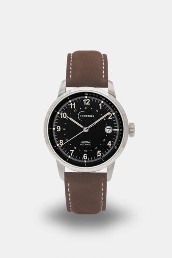 Ponctuel Auriga noire, montre automatique 40mm, design intemporel avec mouvement Miyota et verre saphir.