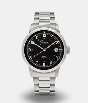 Ponctuel Auriga noire, montre automatique 40mm, design intemporel avec mouvement Miyota et verre saphir.