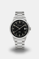 Ponctuel Auriga noire, montre automatique 40mm, design intemporel avec mouvement Miyota et verre saphir.