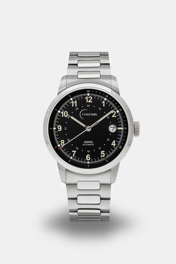 Ponctuel Auriga noire, montre automatique 40mm, design intemporel avec mouvement Miyota et verre saphir.