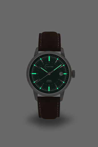 Ponctuel Auriga verte, montre automatique 40mm, design intemporel avec mouvement Miyota et verre saphir.