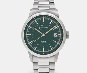 Ponctuel Auriga verte, montre automatique 40mm, design intemporel avec mouvement Miyota et verre saphir.