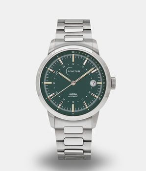 Ponctuel Auriga verte, montre automatique 40mm, design intemporel avec mouvement Miyota et verre saphir.