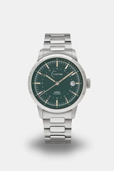 Ponctuel Auriga verte, montre automatique 40mm, design intemporel avec mouvement Miyota et verre saphir.
