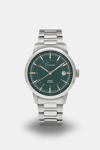 Ponctuel Auriga verte, montre automatique 40mm, design intemporel avec mouvement Miyota et verre saphir.