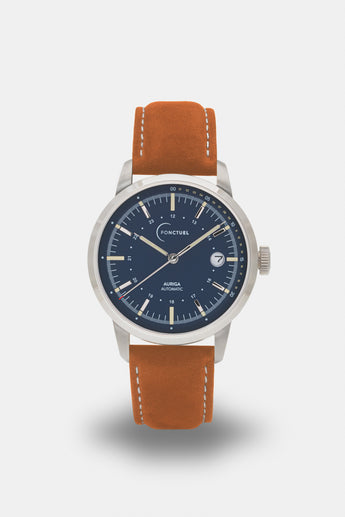 Ponctuel Auriga bleue, montre automatique 40mm, design intemporel avec mouvement Miyota et verre saphir.