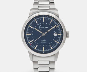 Ponctuel Auriga bleue, montre automatique 40mm, design intemporel avec mouvement Miyota et verre saphir.